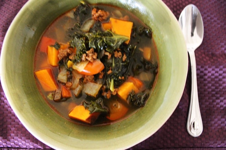 Kale And Chorizo Soup With Sweet Potatoes