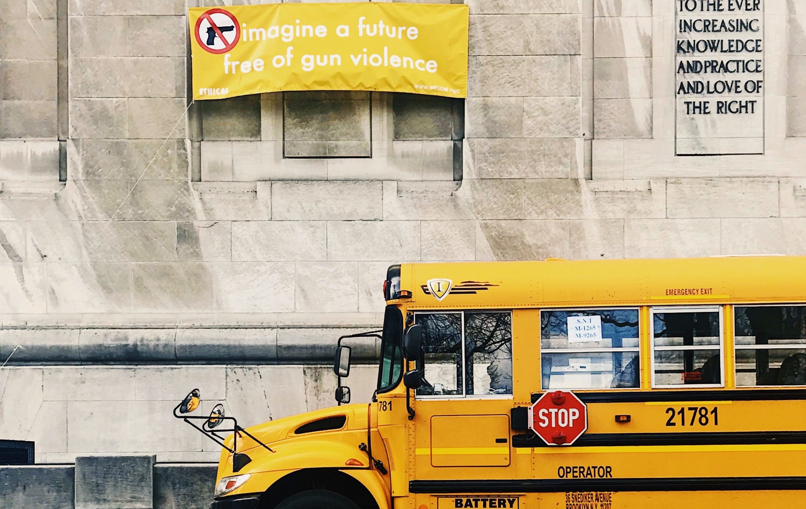 School bus with anti-gun violence banner.